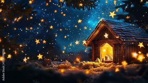 Glowing Wooden Nativity Scene Under Starry Sky