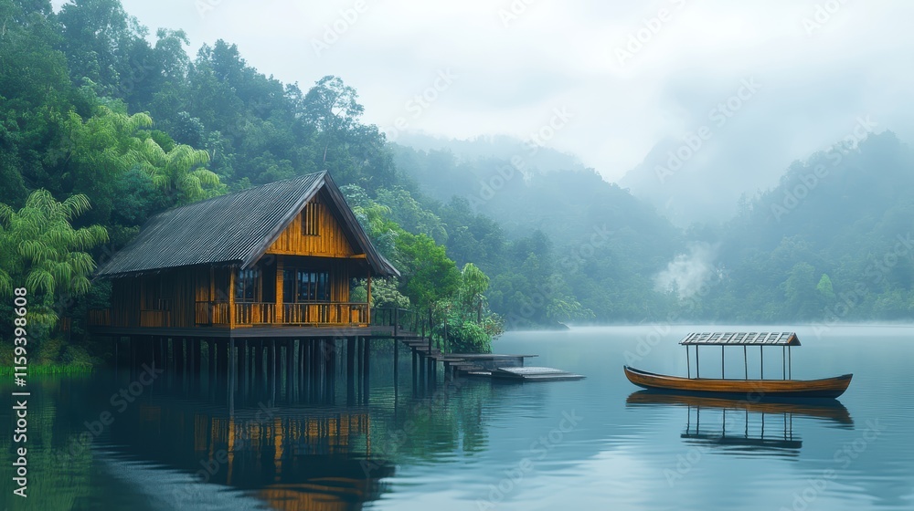 Naklejka premium lakeside scene featuring a rustic wooden house built on stilts, situated over calm waters. The house has slanted roof and is surrounded by lush greenery, including palm trees and dense forested hills