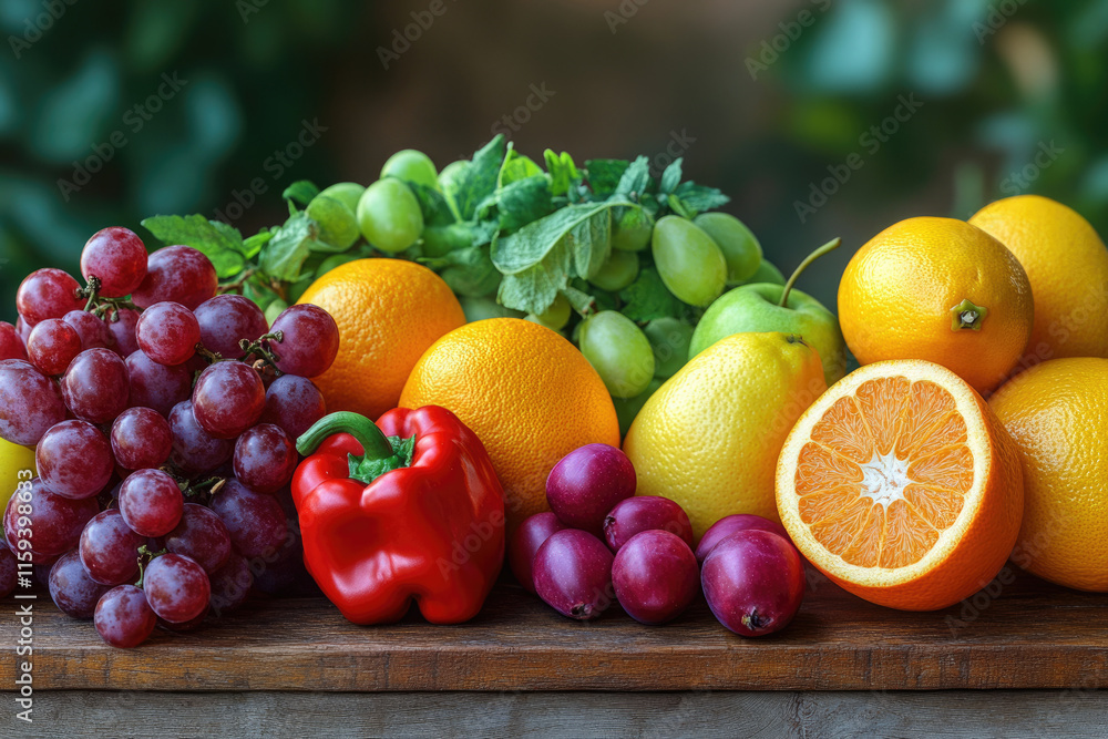 A vibrant collection of fresh fruits and vegetables, including grapes, oranges, a bell pepper, and plums, arranged on a wooden surface. A vibrant collection of fresh fruits and vegetables, including grapes, oranges, a bell pepper, and plums, arranged on a wooden surface.