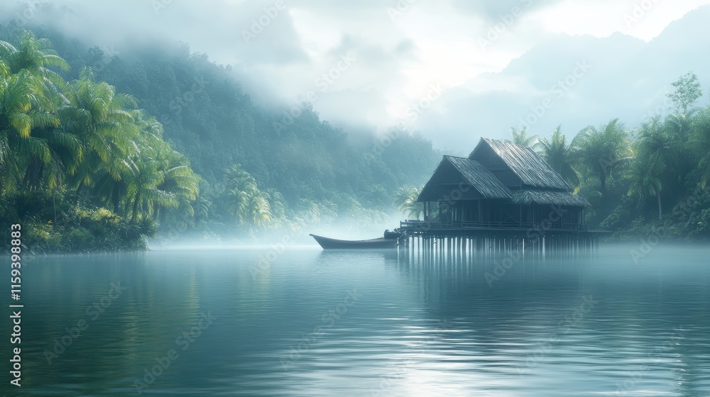 Fototapeta premium lakeside scene featuring a rustic wooden house built on stilts, situated over calm waters. The house has slanted roof and is surrounded by lush greenery, including palm trees and dense forested hills