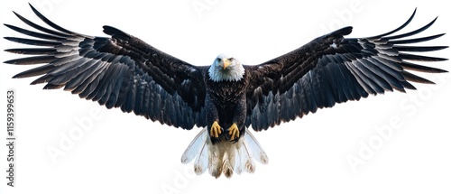 Majestic bald eagle in flight, wings outstretched against a white background.