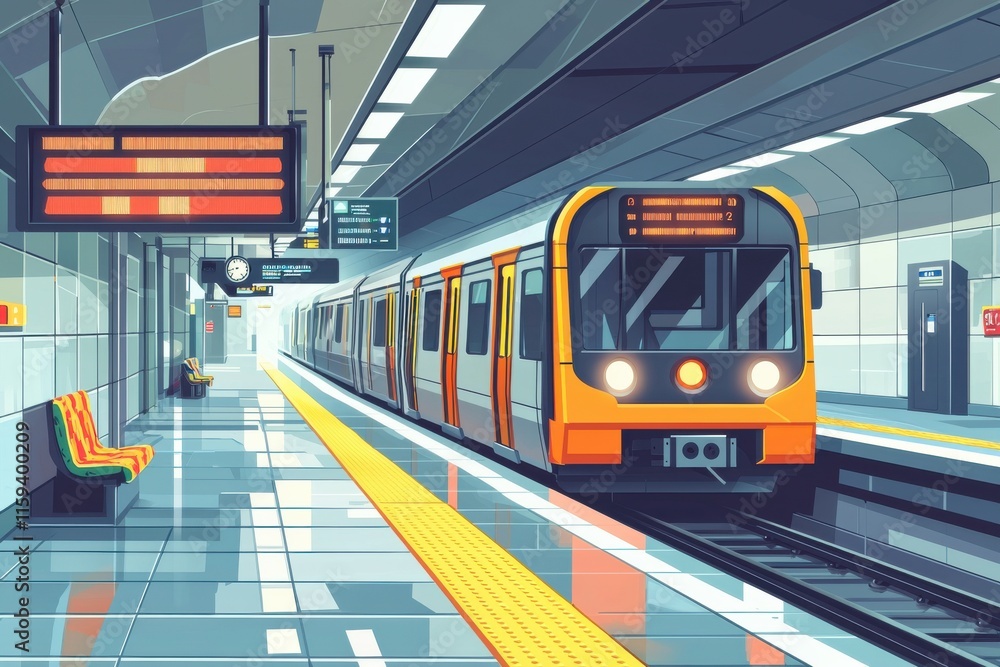 Fototapeta premium Colorful subway train arriving at a modern urban station