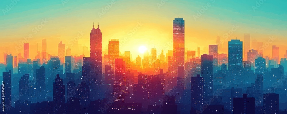 Scenic city skyline at sunrise with vibrant tall buildings Scenic city skyline at sunrise with vibrant tall buildings