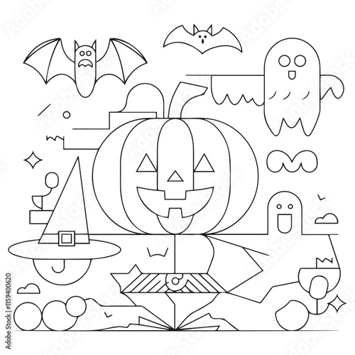 Halloween coloring page for kids. Cute line art, book page ghost, pumpkin Jack, witch, candy, night, potion. Suitable for printing.