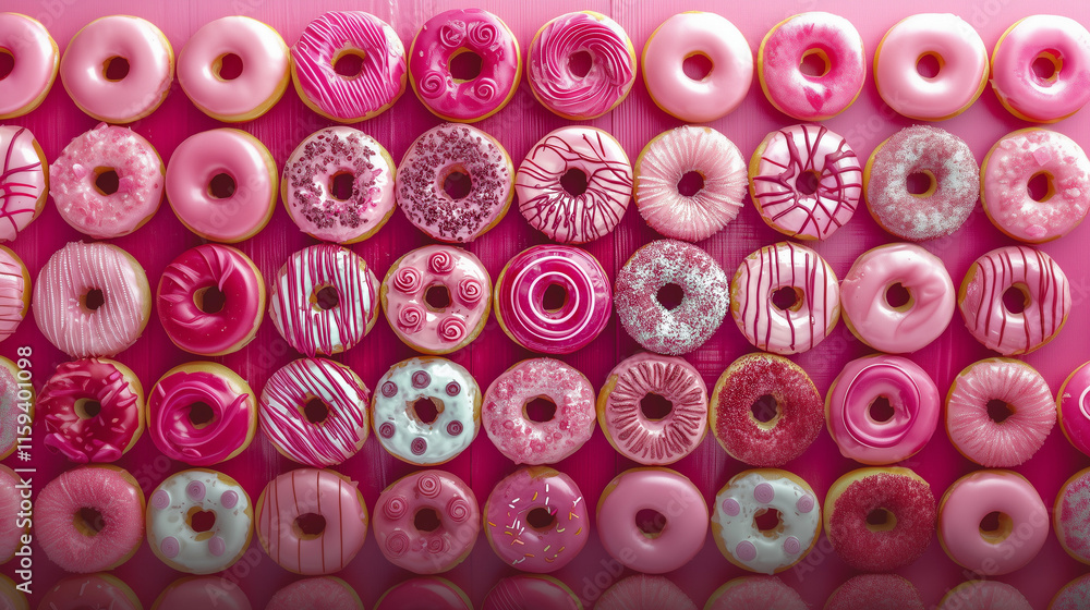 Many colorful sweet delicious pink donuts. Top view. Bakery background Many colorful sweet delicious pink donuts. Top view. Bakery background
