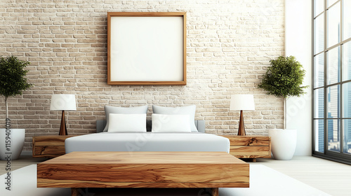 Loft interior design of modern bedroom. Blank art frame.