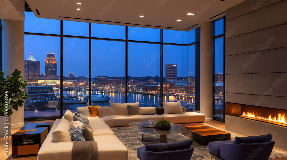 Fototapeta premium Modern mansion with city night view 