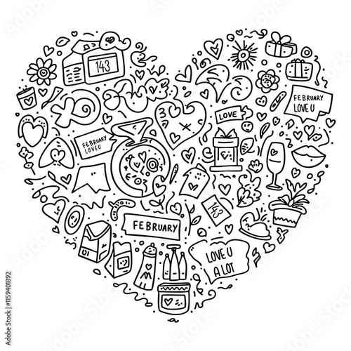 Cartoon cute doodles hand drawn Valentines Day heart frame design. Line art detailed, with lots of objects background. Funny vector illustration. Sketchy border with Love theme items