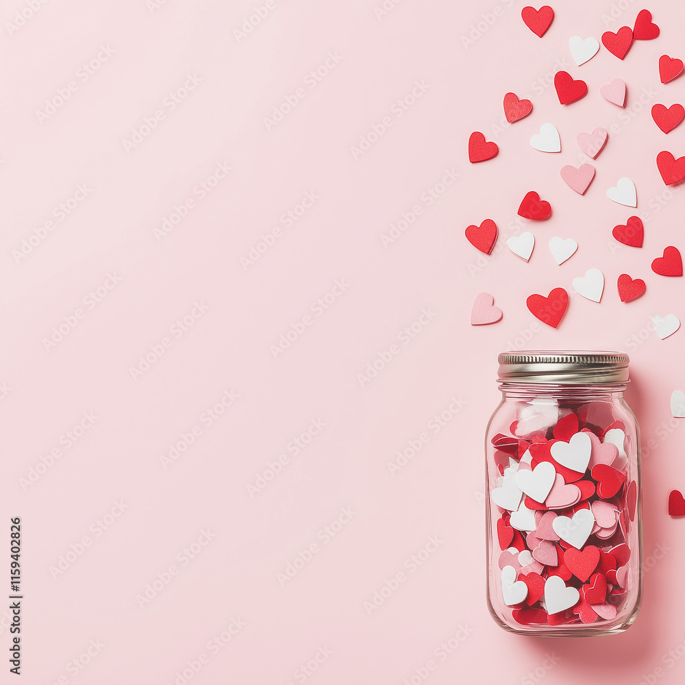 Glass jar full of heart shaped confetti on pink background. Valentines background. Love banner Glass jar full of heart shaped confetti on pink background. Valentines background. Love banner