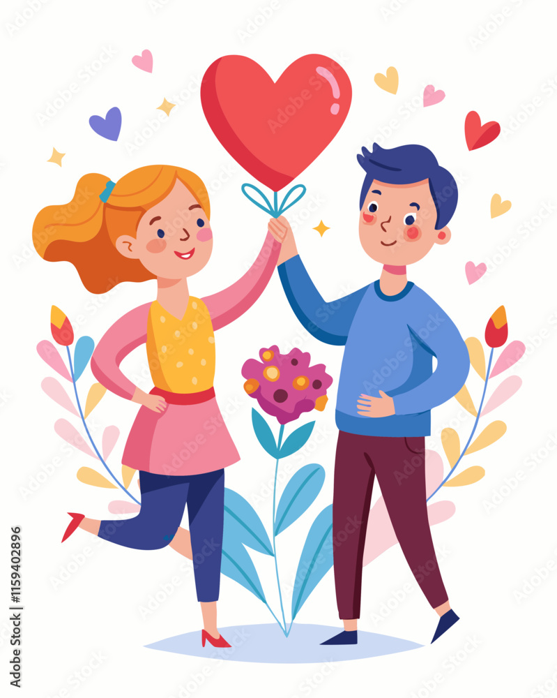 Adorable Couple Holding a Heart with Romantic Floral Background for Valentine's Day. Adorable Couple Holding a Heart with Romantic Floral Background for Valentine's Day.