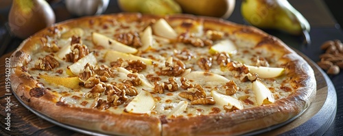 Cheese pizza with pears and nuts served on a wooden table with fresh fruit around it photo