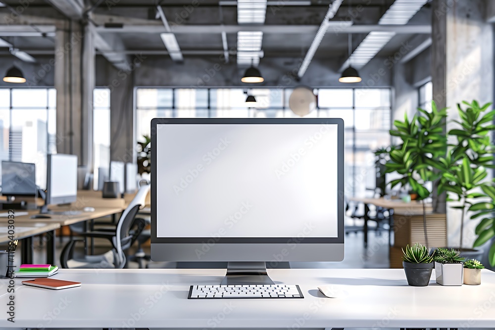 A sleek computer monitor with a blank screen on a modern desk, surrounded by minimalist office decor A sleek computer monitor with a blank screen on a modern desk, surrounded by minimalist office decor