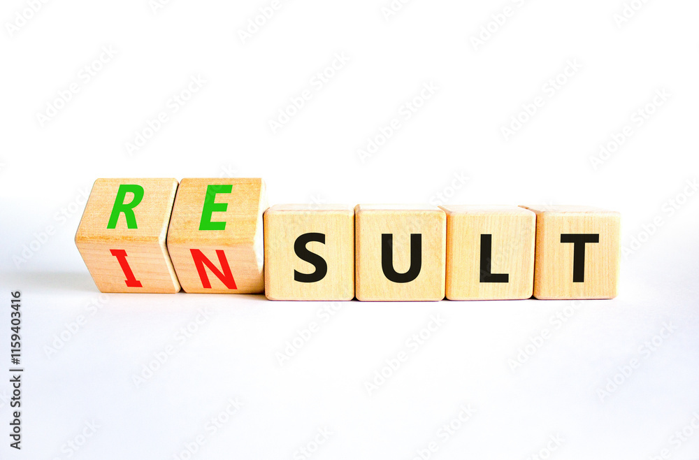 Result or insult symbol. Concept words Result Insult on wooden cubes. Beautiful white table white background. Business and result or insult concept. Copy space. Result or insult symbol. Concept words Result Insult on wooden cubes. Beautiful white table white background. Business and result or insult concept. Copy space.