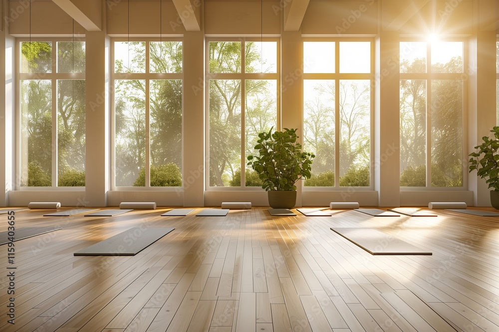 Fototapeta premium Serene yoga studio with natural light, wooden floors, and green plants creating a peaceful atmosphere.
