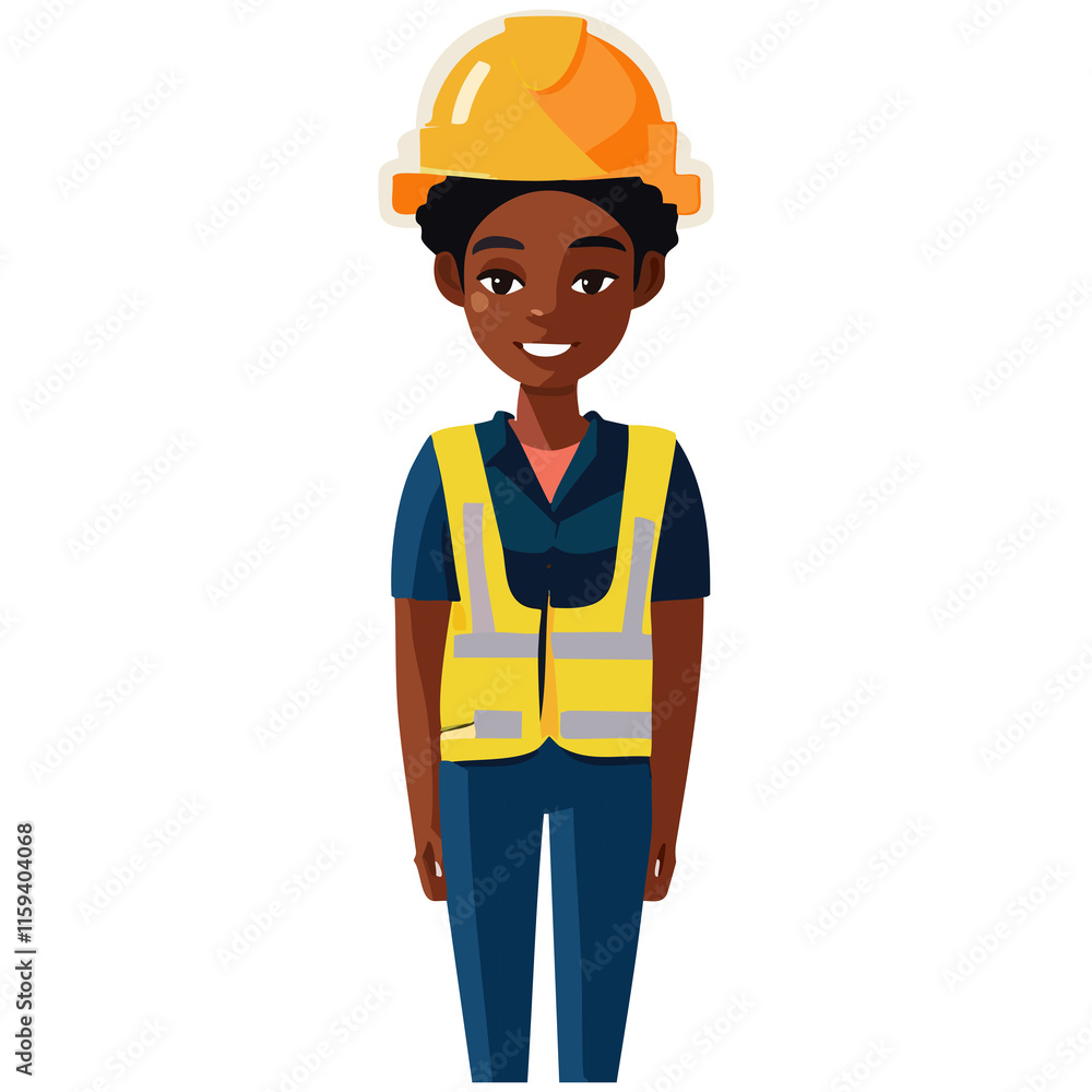 Smiling Female Construction Worker in Yellow Hard Hat and Safety Vest Smiling Female Construction Worker in Yellow Hard Hat and Safety Vest