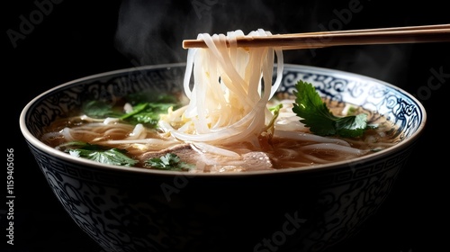 The Pho is served in a bowl with traditional and steam is rising from the soup, that it is still hot. The contents of the pho are clearly visible, including white, translucent pho noodles, cilantro