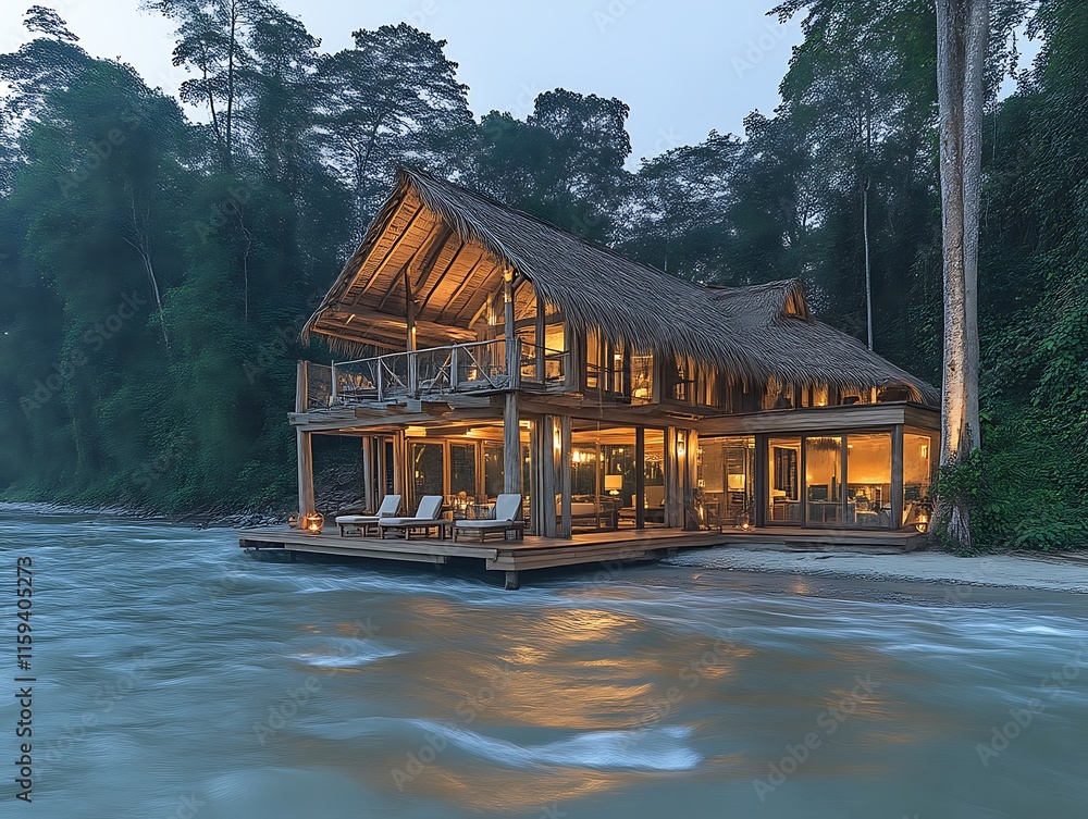 Fototapeta premium Luxurious Riverfront Bungalow Nestled In Lush Rainforest