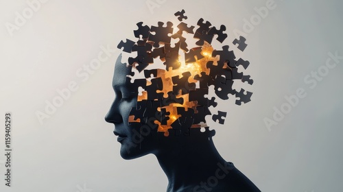 Conceptual image of a human head with puzzle pieces floating around, representing the complexity of the mind, emotions, and the process of self-discovery and understanding.
