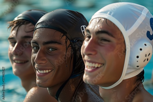 Three young athletes enjoying a water polo practice, showcasing teamwork and excitement in the pool. photo