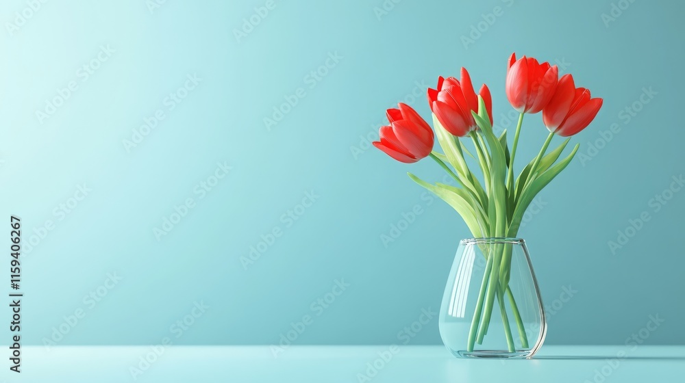 Elegant red tulips in clear vase against a light blue background Elegant red tulips in clear vase against a light blue background