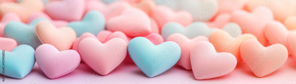 Fototapeta premium Colorful heart-shaped candies in soft pastel hues scattered across a surface, creating a playful and romantic atmosphere.