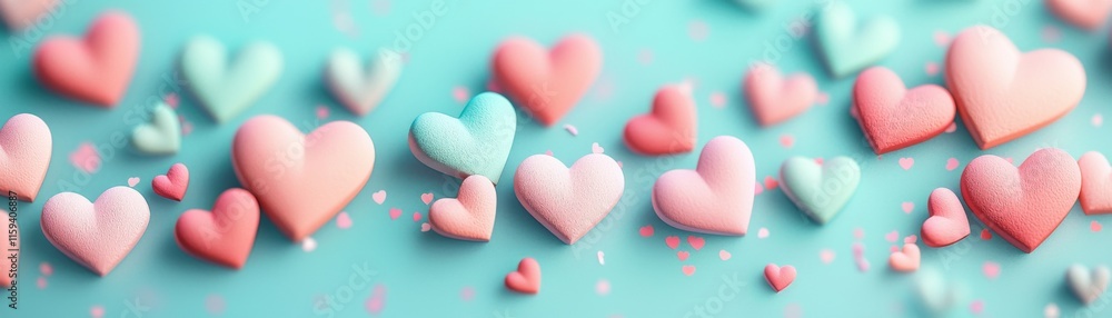A colorful array of pink and mint hearts scattered on a soft teal background, creating a cheerful and whimsical atmosphere. A colorful array of pink and mint hearts scattered on a soft teal background, creating a cheerful and whimsical atmosphere.
