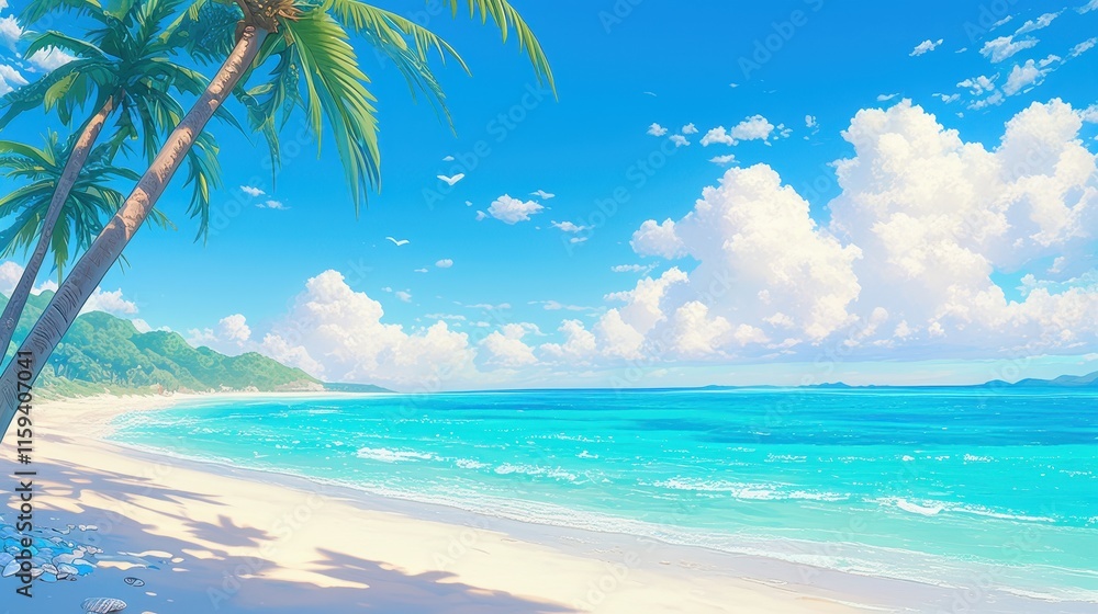 A serene beach scene with palm trees and vibrant blue waters under a clear sky. A serene beach scene with palm trees and vibrant blue waters under a clear sky.