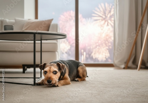 Small dog hiding under table, scared by fireworks exploding outside window photo