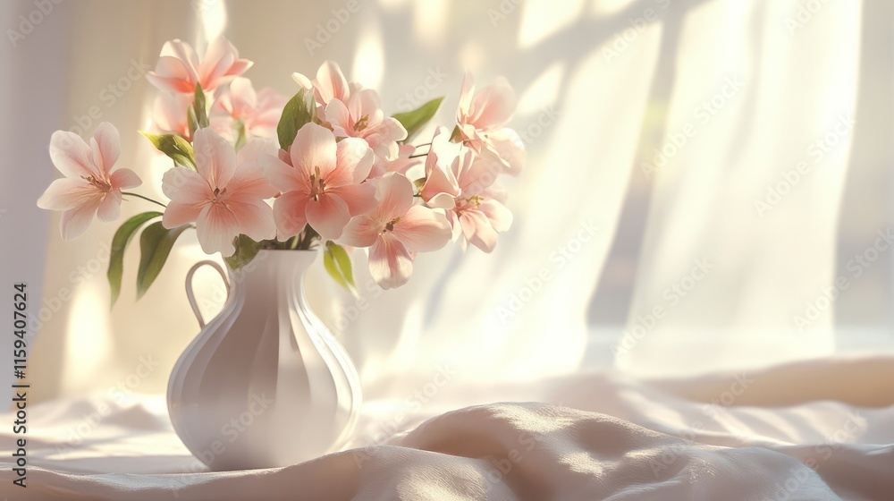 Elegant pink flowers in white vase with soft natural light Elegant pink flowers in white vase with soft natural light