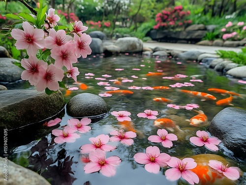 Koi pond with pink flowers. photo