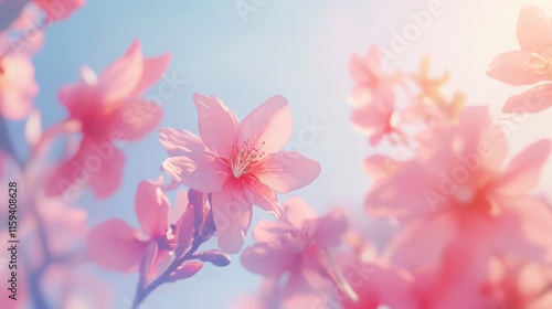 Vibrant pink cherry blossoms in full bloom against clear blue sky