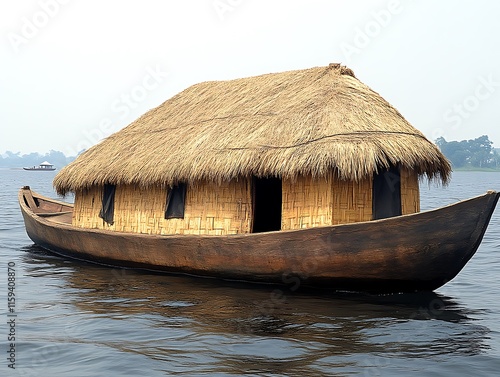 Thatched Roof Houseboat On Calm Water photo