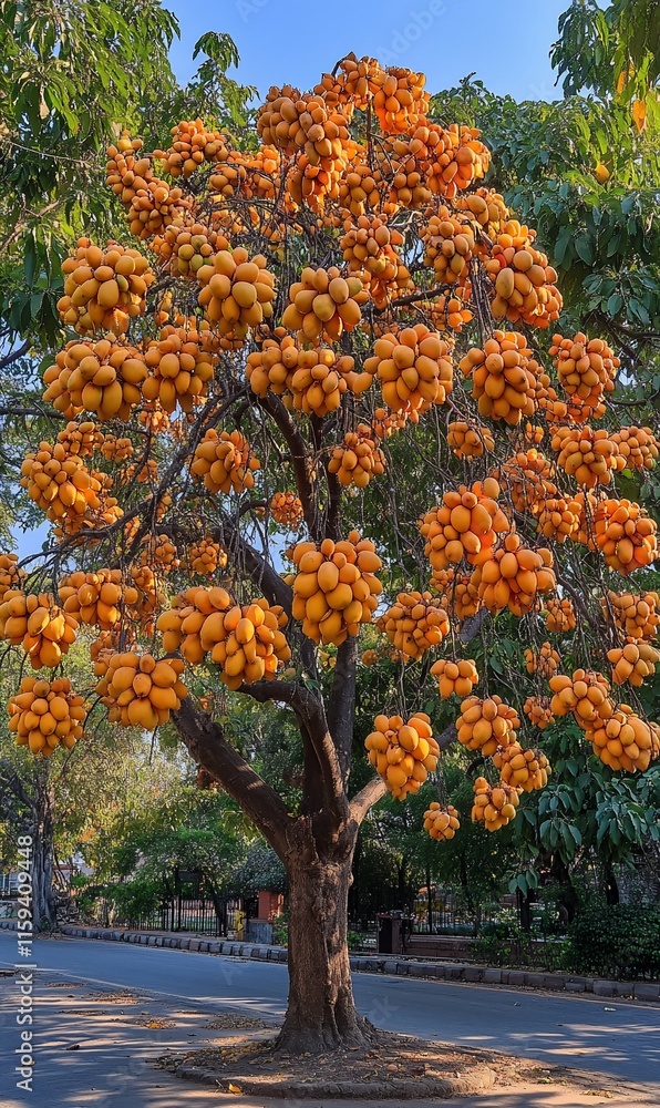 Naklejka premium Abundant orange fruit laden tree in a park.