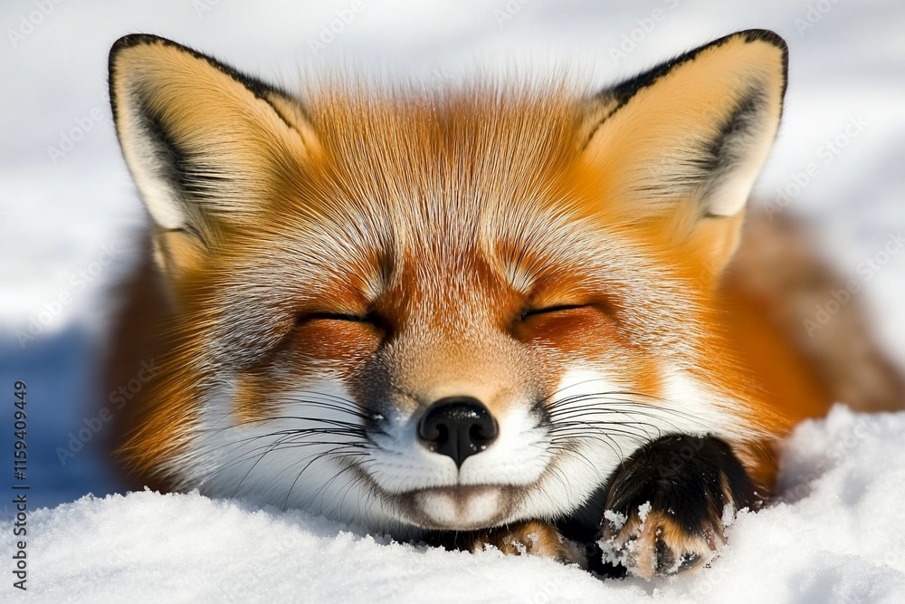 Adorable red fox resting peacefully in snow, eyes closed, smiling. Adorable red fox resting peacefully in snow, eyes closed, smiling.