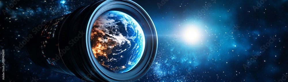 Fototapeta premium Stunning cosmic view through telescope capturing Earth in vibrant outer space with glowing star.