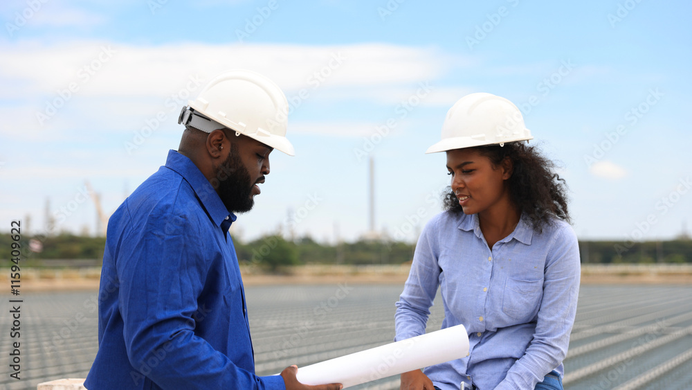 A pair of energy engineers, a man and a woman, are working together to plan the installation of floating solar panels at a specific location. A pair of energy engineers, a man and a woman, are working together to plan the installation of floating solar panels at a specific location.