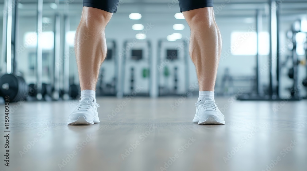 Close-Up of Athletic Legs in Sportswear Ready for Workout in Modern Gym Facility with Fitness Equipment in Background Close-Up of Athletic Legs in Sportswear Ready for Workout in Modern Gym Facility with Fitness Equipment in Background