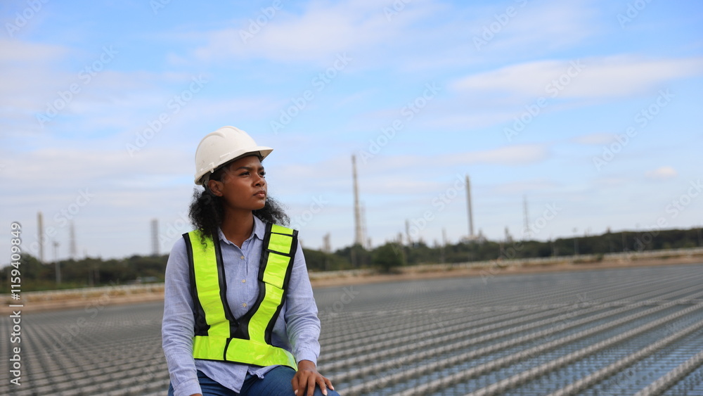 Portrait of a black female energy engineer at site of new floating solar farm project Portrait of a black female energy engineer at site of new floating solar farm project