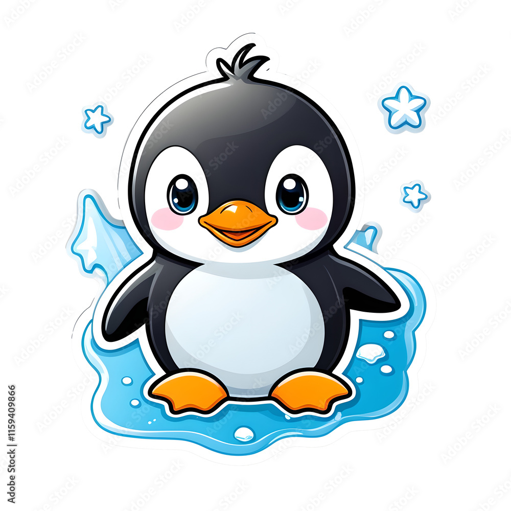 Obraz premium Cute Penguin Sliding on Ice: Kawaii Vector Sticker for White Background
