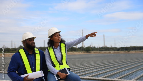 Black persons of Electrical Engineers or workers work on-site Floating solar panels or solar cell Platform systems on the lake.