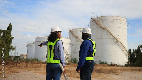 A couple of Black engineers with safety vests and hardhat work on drawing at the Chemical 
 storage industrial factory site