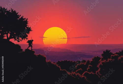 A lone hiker silhouetted on a hilltop with a stunning sunset.