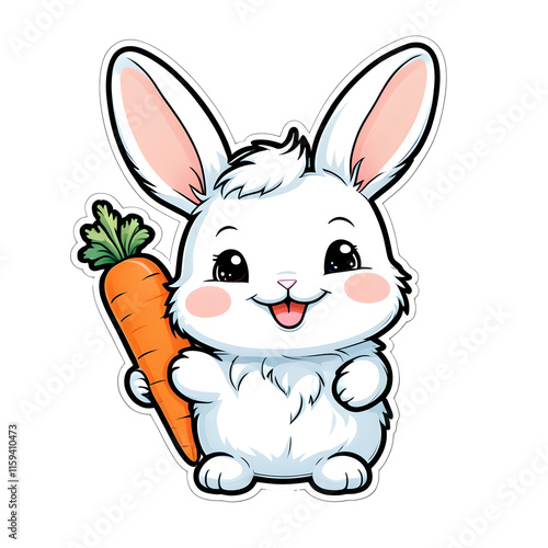 Kawaii Contour Bunny Sticker with Carrot on White Background photo