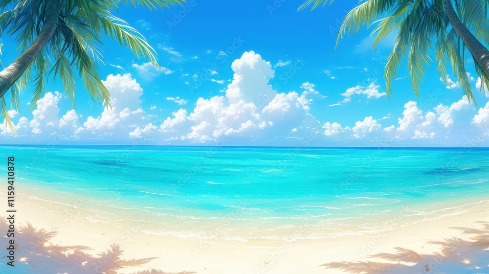 Fototapeta premium A serene beach scene with clear turquoise water and fluffy clouds.