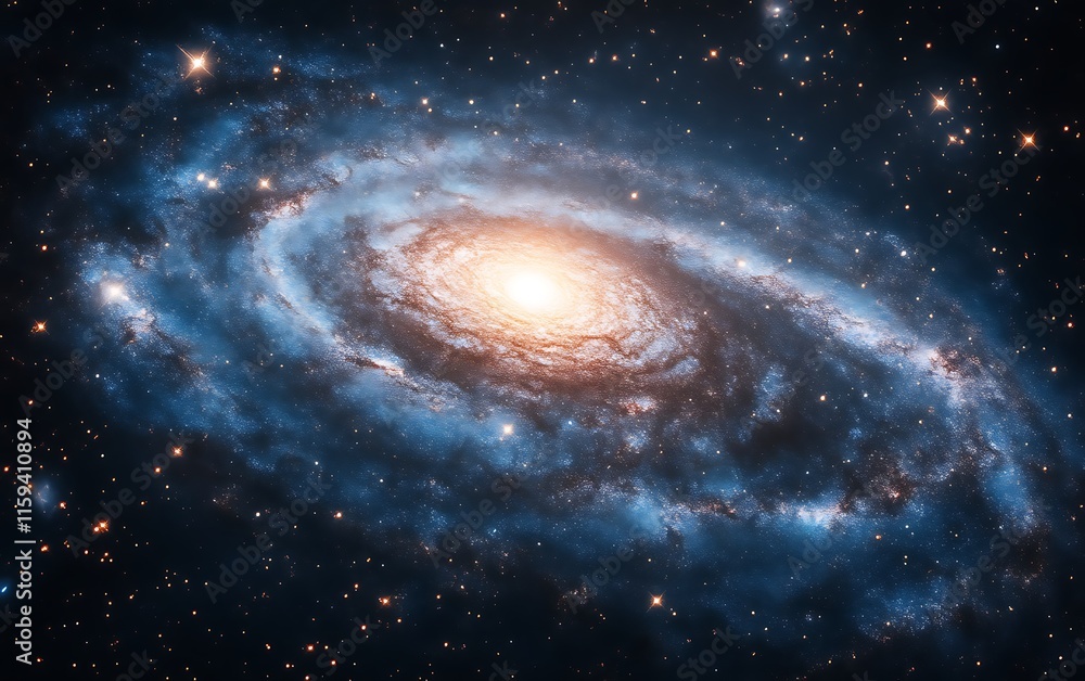 Fototapeta premium Spiral galaxy with bright core and blue arms in dark space.
