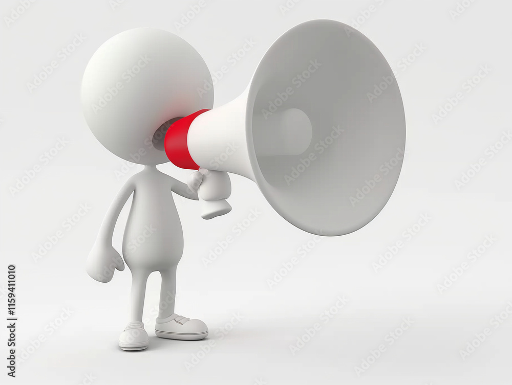 White 3D Character Announcing with Megaphone on Simple Background, Conveying Communication and Alert Concepts. White 3D Character Announcing with Megaphone on Simple Background, Conveying Communication and Alert Concepts.