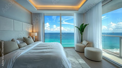 A luxurious hotel room with a large bed, soft headboard, cozy lighting, panoramic windows, and a balcony. View of the azure-turquoise ocean and cloudy sky.