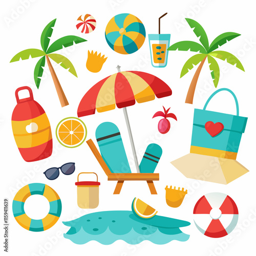 Colorful Beach Vacation Illustration with Umbrella, Palm Tree, and Summer Accessories