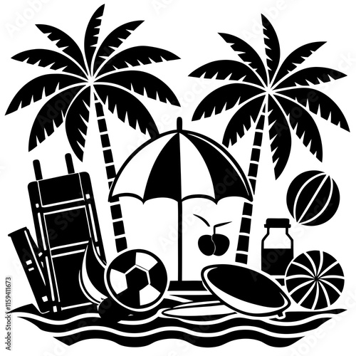 Summer Beach Vibes: Palm Trees, Beach Umbrella, Surfboard, and Summer Accessories