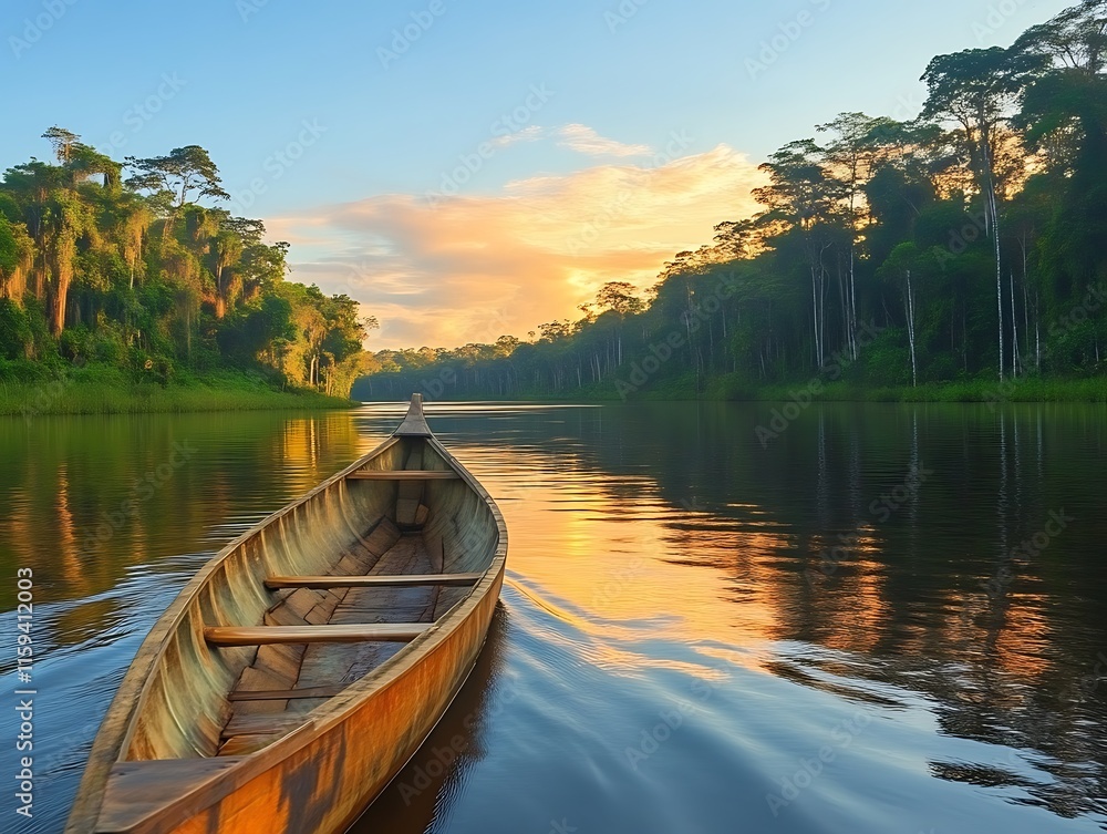 Obraz premium Wooden Canoe on a Calm River at Sunset in the Amazon Rainforest